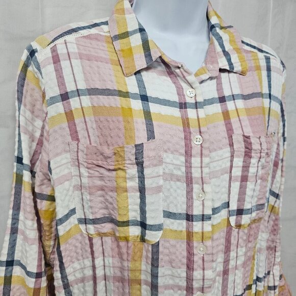 Pink Yellow Plaid Button Down Midi Shirt Dress Tunic Preppy Boho M - Picture 3 of 13